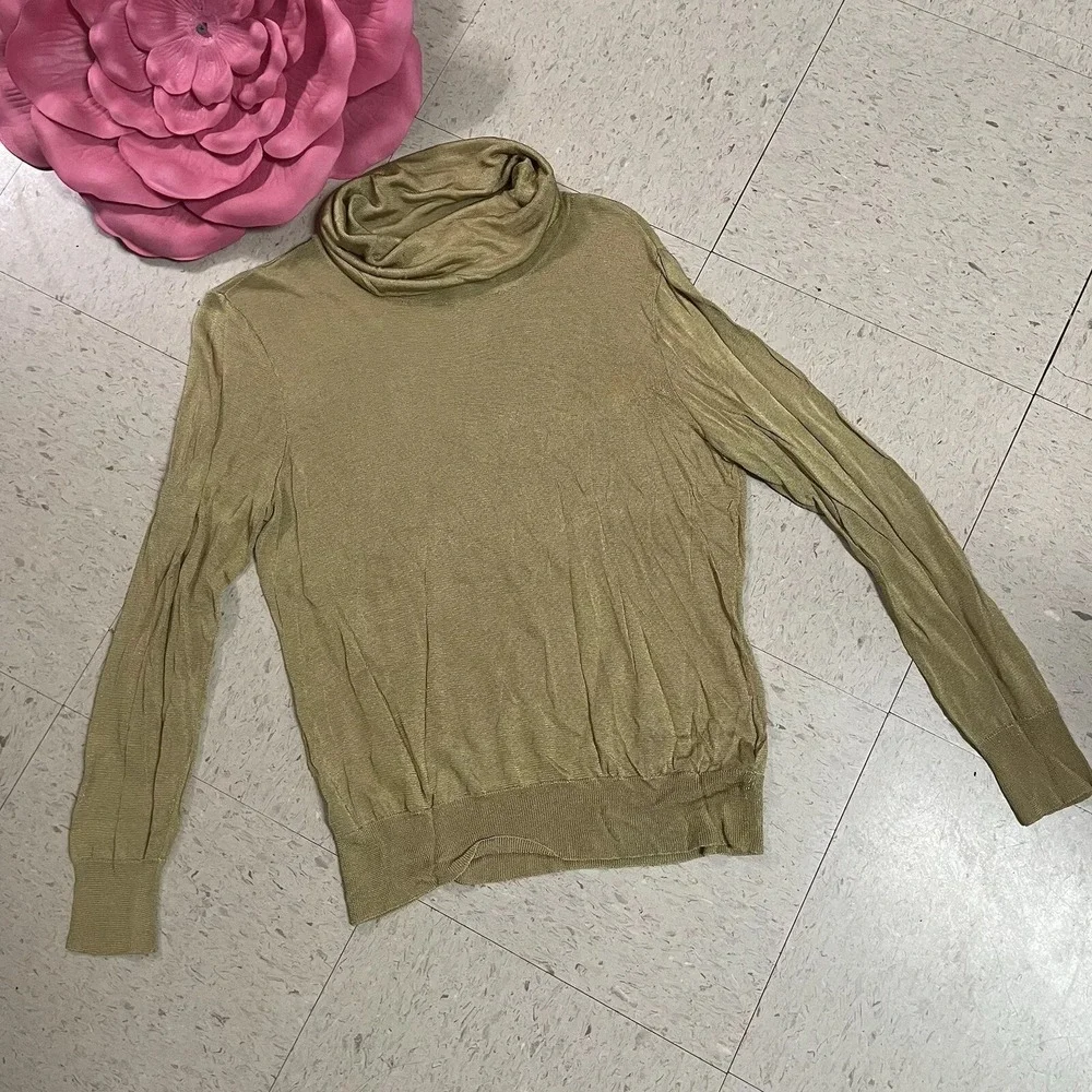 LAUREN RALPH LAUREN Womens Sz L Gold Metallic Long Sleeve Turtleneck‎ Knit Top